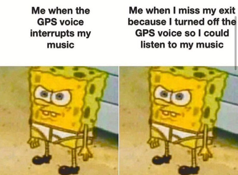 Me when the GPS voice interrupts my music Me when I miss my exit because I turned off the GPS voice so I could listen to my music