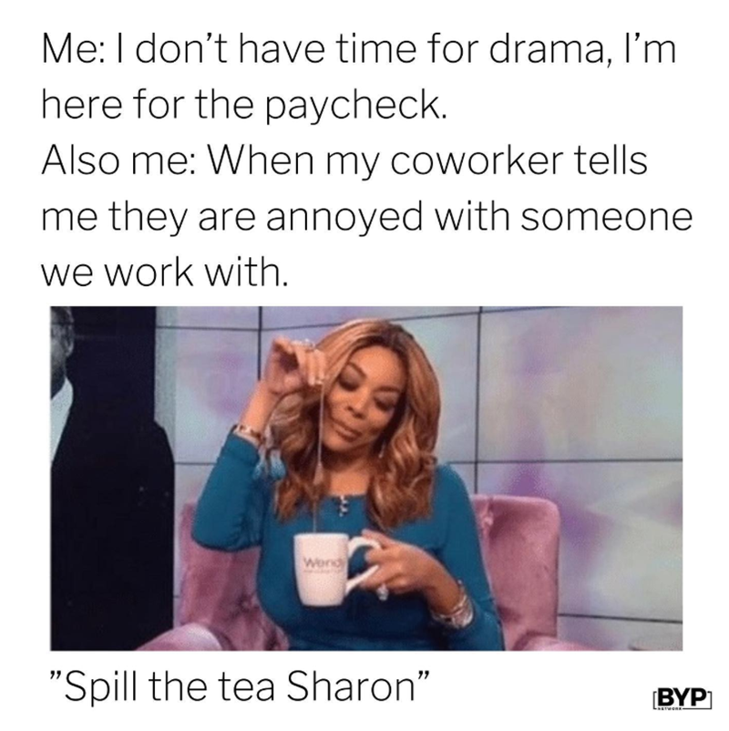 Me: I don't have time for drama, I'm here for the paycheck. Also me: When my coworker tells me they are annoyed with someone we work with. Wend "Spill the tea Sharon" [BYP