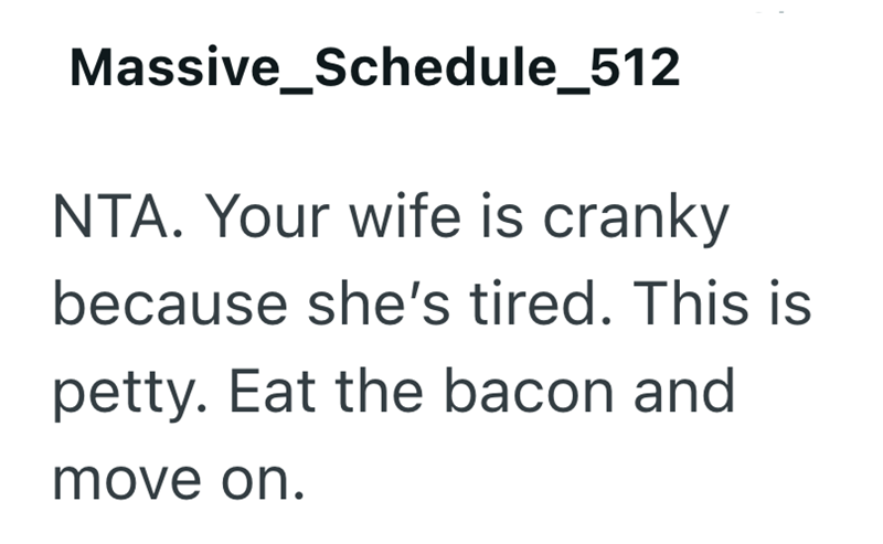 Massive_Schedule_512 NTA. Your wife is cranky because she's tired. This is petty. Eat the bacon and move on.