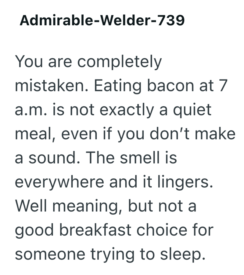 Admirable-Welder-739 You are completely mistaken. Eating bacon at 7 a.m. is not exactly a quiet meal, even if you don't make a sound. The smell is everywhere and it lingers. Well meaning, but not a good breakfast choice for someone trying to sleep.