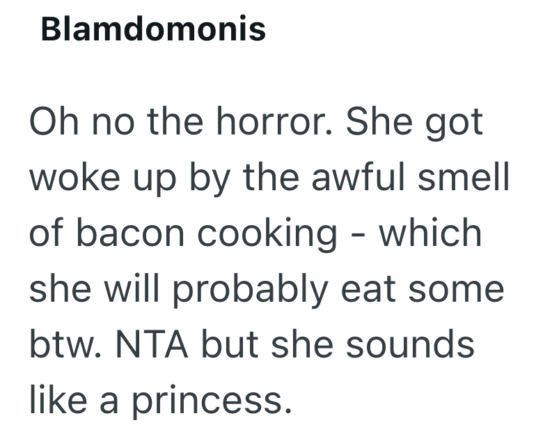 Blamdomonis Oh no the horror. She got woke up by the awful smell of bacon cooking - which she will probably eat some btw. NTA but she sounds like a princess.