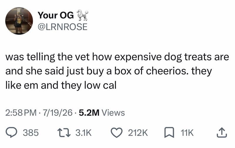 Your OG @LRNROSE was telling the vet how expensive dog treats are and she said just buy a box of cheerios. they like em and they low cal 2:58 PM 7/19/26.5.2M Views 385 t 3.1K 212K 11K ↑