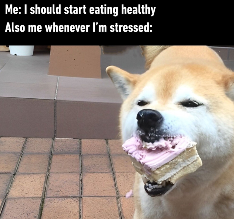 Me: I should start eating healthy Also me whenever I'm stressed: