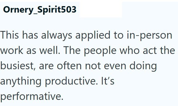 Ornery_Spirit503 This has always applied to in-person work as well. The people who act the busiest, are often not even doing anything productive. It's performative.