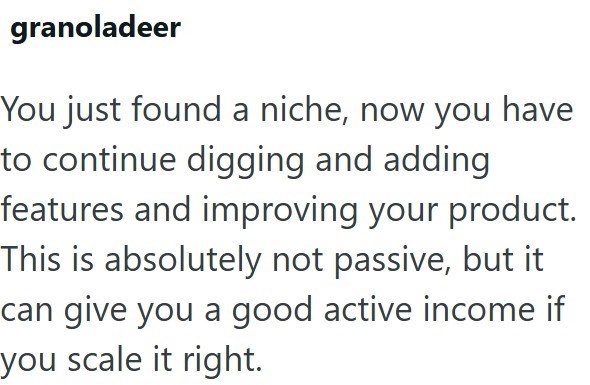 granoladeer You just found a niche, now you have to continue digging and adding features and improving your product. This is absolutely not passive, but it can give you a good active income if you scale it right.