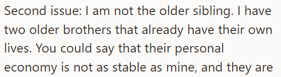 Second issue: I am not the older sibling. I have two older brothers that already have their own lives. You could say that their personal economy is not as stable as mine, and they are