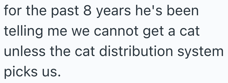 for the past 8 years he's been telling me we cannot get a cat unless the cat distribution system picks us.