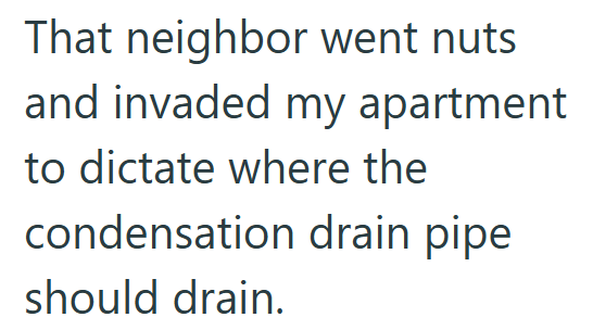 That neighbor went nuts and invaded my apartment to dictate where the condensation drain pipe should drain.
