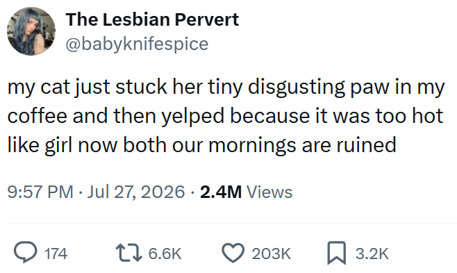 The Lesbian Pervert @babyknifespice my cat just stuck her tiny disgusting paw in my coffee and then yelped because it was too hot like girl now both our mornings are ruined 9:57 PM. Jul 27, 2026 · 2.4M Views 174 17 6.6K 203K ☐ 3.2K