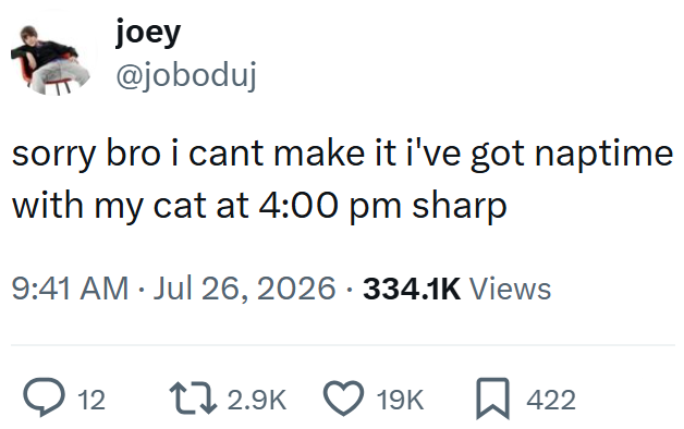 joey @joboduj sorry bro i cant make it i've got naptime with my cat at 4:00 pm sharp 9:41 AM ⚫ Jul 26, 2026 334.1K Views • 12 12.9K 19K ☐ 422