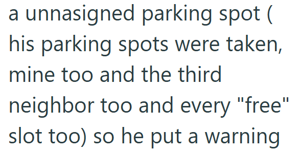 a unnasigned parking spot ( his parking spots were taken, mine too and the third neighbor too and every "free" slot too) so he put a warning