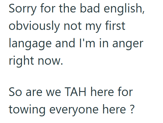 Sorry for the bad english, obviously not my first langage and I'm in anger. right now. So are we TAH here for towing everyone here ?