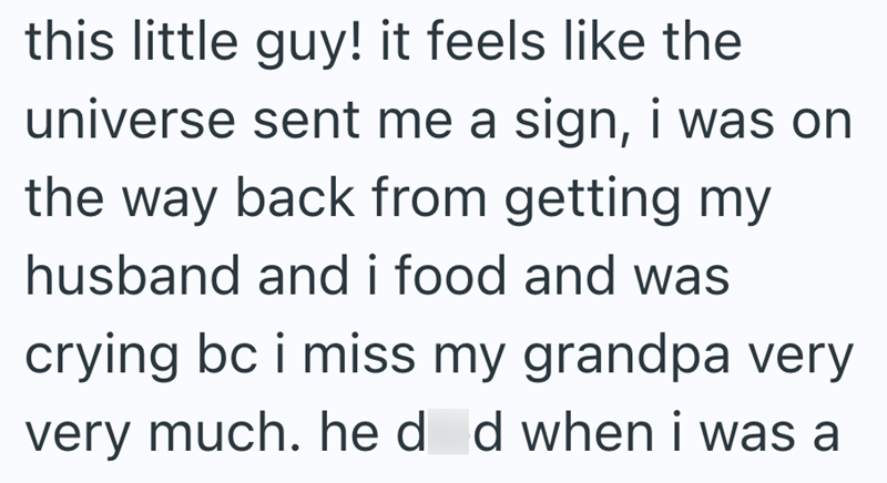 this little guy! it feels like the universe sent me a sign, i was on the way back from getting my husband and i food and was crying bc i miss my grandpa very very much. he d d when i was a