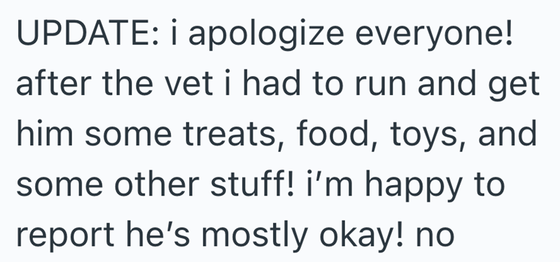UPDATE: i apologize everyone! after the vet i had to run and get him some treats, food, toys, and some other stuff! i'm happy to report he's mostly okay! no