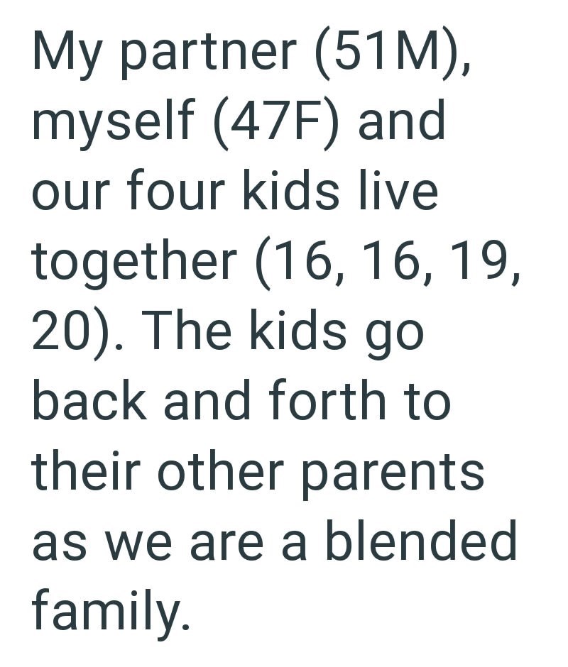My partner (51M), myself (47F) and our four kids live together (16, 16, 19, 20). The kids go back and forth to their other parents as we are a blended family.