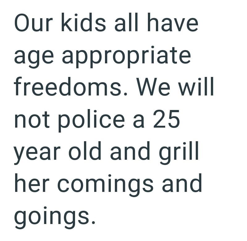 Our kids all have age appropriate freedoms. We will not police a 25 year old and grill her comings and goings.