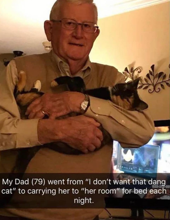 My Dad (79) went from "I don't want that dang cat" to carrying her to "her room" for bed each night.