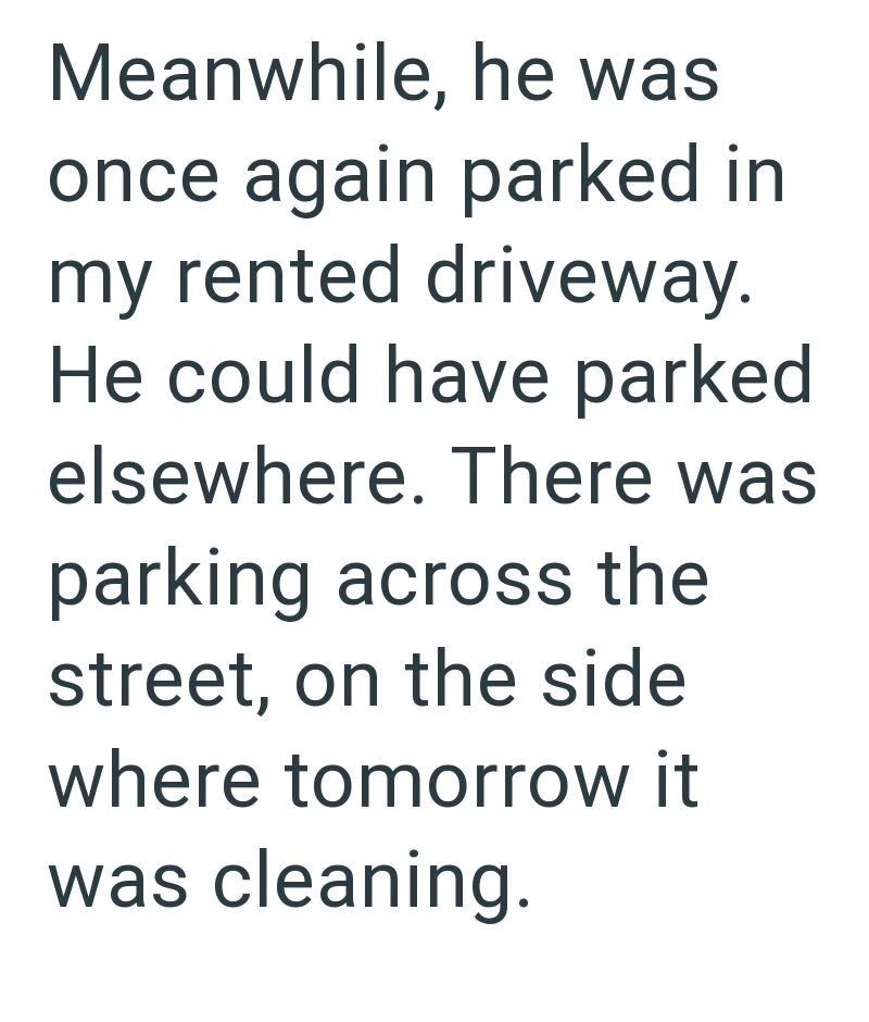 Meanwhile, he was once again parked in my rented driveway. He could have parked elsewhere. There was parking across the street, on the side where tomorrow it was cleaning.
