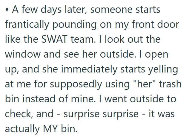 • A few days later, someone starts frantically pounding on my front door like the SWAT team. I look out the window and see her outside. I open up, and she immediately starts yelling at me for supposedly using "her" trash bin instead of mine. I went outside to check, and - surprise surprise - it was actually MY bin.