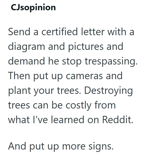 CJsopinion Send a certified letter with a diagram and pictures and demand he stop trespassing. Then put up cameras and plant your trees. Destroying trees can be costly from what I've learned on Reddit. And put up more signs.