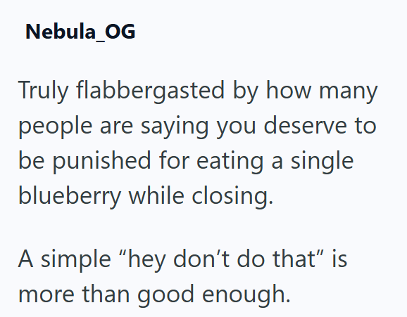 Nebula_OG Truly flabbergasted by how many people are saying you deserve to be punished for eating a single blueberry while closing. A simple "hey don't do that" is more than good enough.