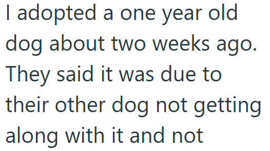 I adopted a one year old dog about two weeks ago. They said it was due to their other dog not getting along with it and not