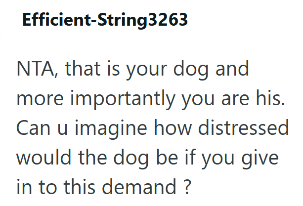Efficient-String3263 NTA, that is your dog and more importantly you are his. Can u imagine how distressed would the dog be if you give in to this demand?