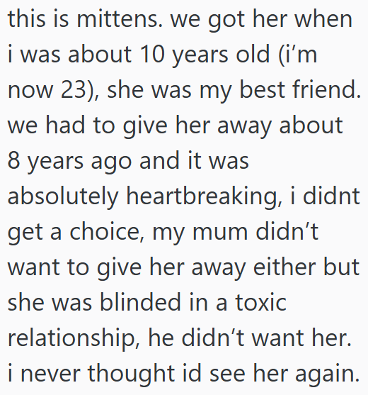 this is mittens. we got her when i was about 10 years old (i'm now 23), she was my best friend. we had to give her away about 8 years ago and it was absolutely heartbreaking, i didnt get a choice, my mum didn't want to give her away either but she was blinded in a toxic relationship, he didn't want her. i never thought id see her again.