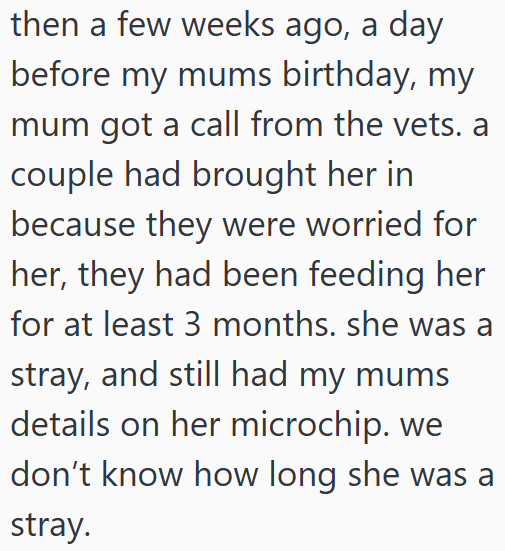 then a few weeks ago, a day before my mums birthday, my mum got a call from the vets. a couple had brought her in because they were worried for her, they had been feeding her for at least 3 months. she was a stray, and still had my mums details on her microchip. we don't know how long she was a stray.