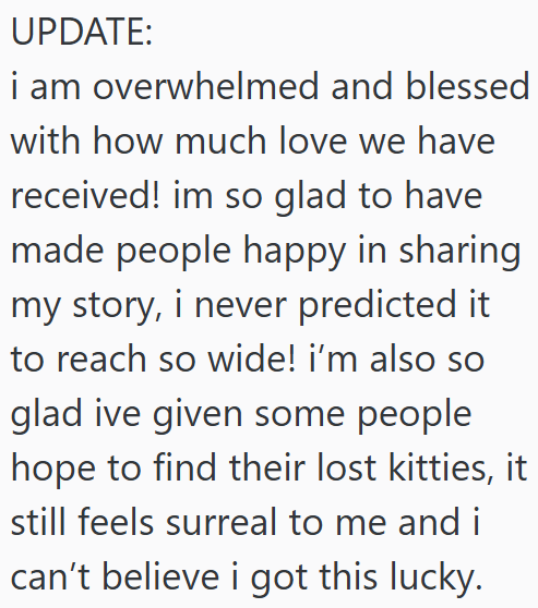 UPDATE: i am overwhelmed and blessed with how much love we have received! im so glad to have made people happy in sharing. my story, i never predicted it to reach so wide! i'm also so glad ive given some people hope to find their lost kitties, it still feels surreal to me and i can't believe i got this lucky.