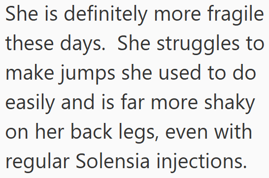 She is definitely more fragile these days. She struggles to make jumps she used to do easily and is far more shaky on her back legs, even with regular Solensia injections.