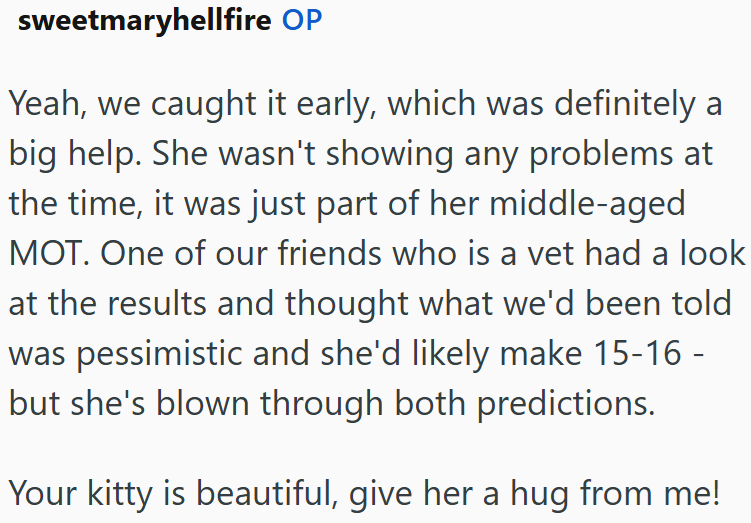 sweetmaryhellfire OP Yeah, we caught it early, which was definitely a big help. She wasn't showing any problems at the time, it was just part of her middle-aged MOT. One of our friends who is a vet had a look at the results and thought what we'd been told was pessimistic and she'd likely make 15-16 - but she's blown through both predictions. Your kitty is beautiful, give her a hug from me!