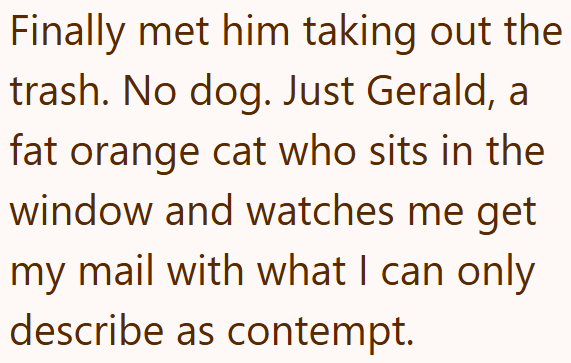 Finally met him taking out the trash. No dog. Just Gerald, a fat orange cat who sits in the window and watches me get my mail with what I can only describe as contempt.
