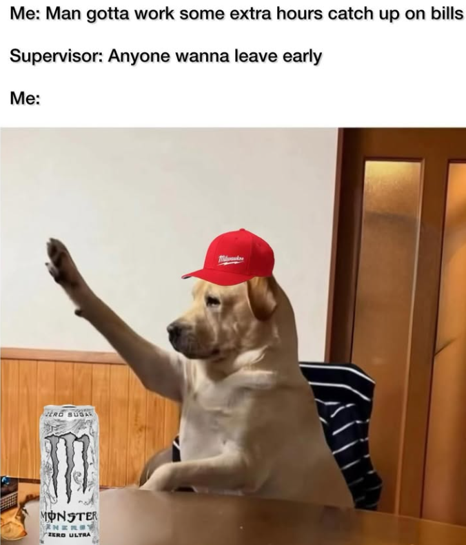 Me: Man gotta work some extra hours catch up on bills Supervisor: Anyone wanna leave early Me: ZERO SUGAR MONSTER ENERGY ZERO ULTRA