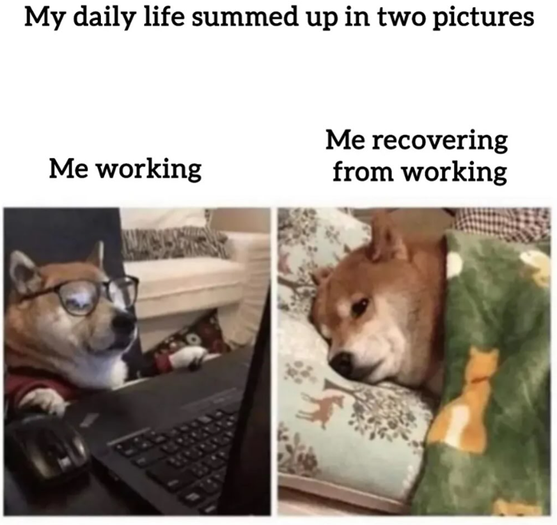 My daily life summed up in two pictures Me recovering Me working from working