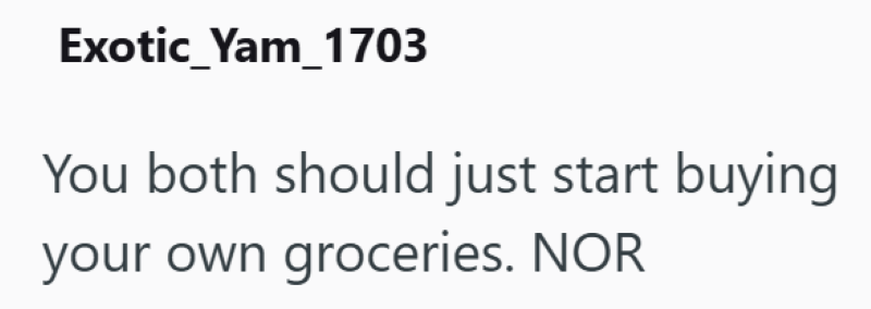 Exotic_Yam_1703 You both should just start buying your own groceries. NOR