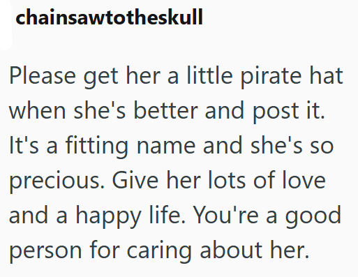 chainsawtotheskull Please get her a little pirate hat when she's better and post it. It's a fitting name and she's so precious. Give her lots of love and a happy life. You're a good person for caring about her.