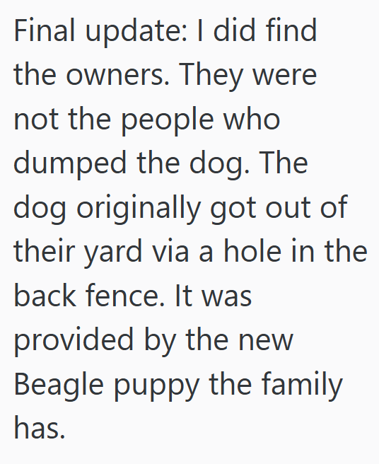 Final update: I did find the owners. They were not the people who dumped the dog. The dog originally got out of their yard via a hole in the back fence. It was provided by the new Beagle puppy the family has.