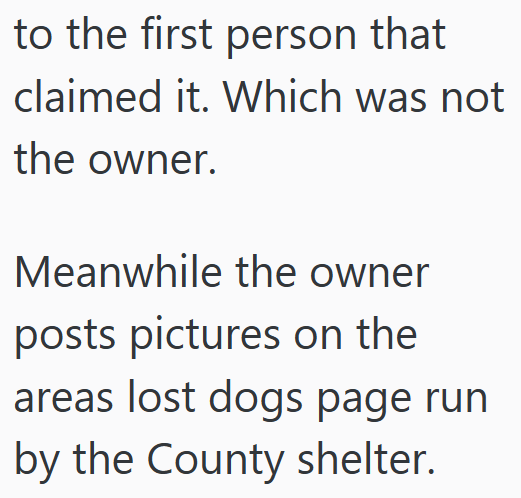 to the first person that claimed it. Which was not the owner. Meanwhile the owner posts pictures on the areas lost dogs page run by the County shelter.