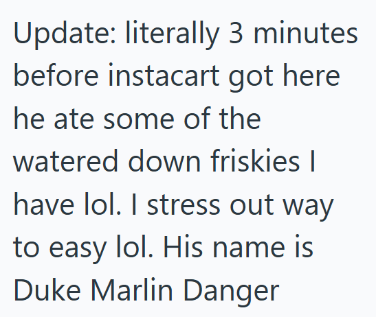 Update: literally 3 minutes before instacart got here he ate some of the watered down friskies I have lol. I stress out way to easy lol. His name is Duke Marlin Danger