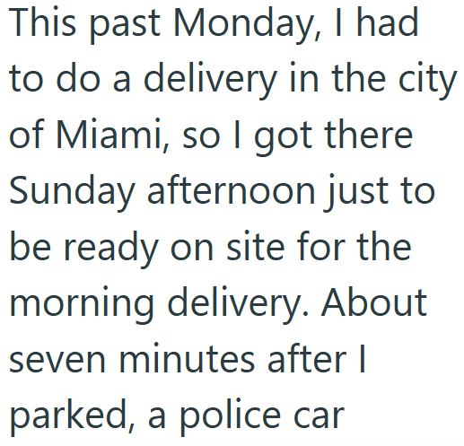 This past Monday, I had to do a delivery in the city of Miami, so I got there Sunday afternoon just to be ready on site for the morning delivery. About seven minutes after I parked, a police car