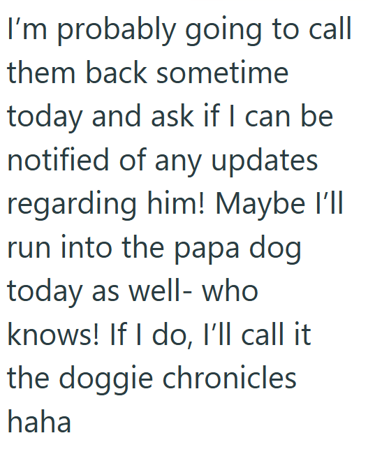 I'm probably going to call them back sometime today and ask if I can be notified of any updates regarding him! Maybe I'll run into the papa dog today as well-who knows! If I do, I'll call it the doggie chronicles haha