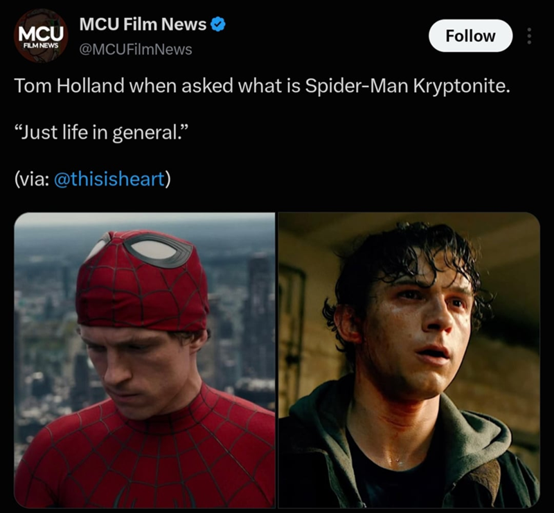 MCU FILM NEWS MCU Film News @MCUFilmNews Follow Tom Holland when asked what is Spider-Man Kryptonite. "Just life in general." (via: @thisisheart)