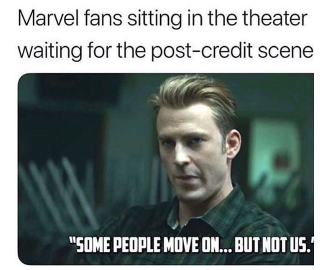 Marvel fans sitting in the theater waiting for the post-credit scene "SOME PEOPLE MOVE ON... BUT NOT US.