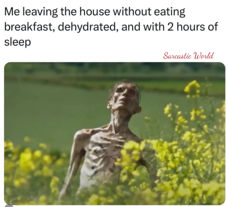 Me leaving the house without eating breakfast, dehydrated, and with 2 hours of sleep Sarcastic World