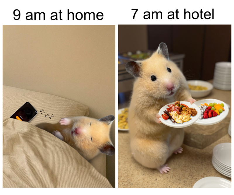 9 am at home 7 am at hotel