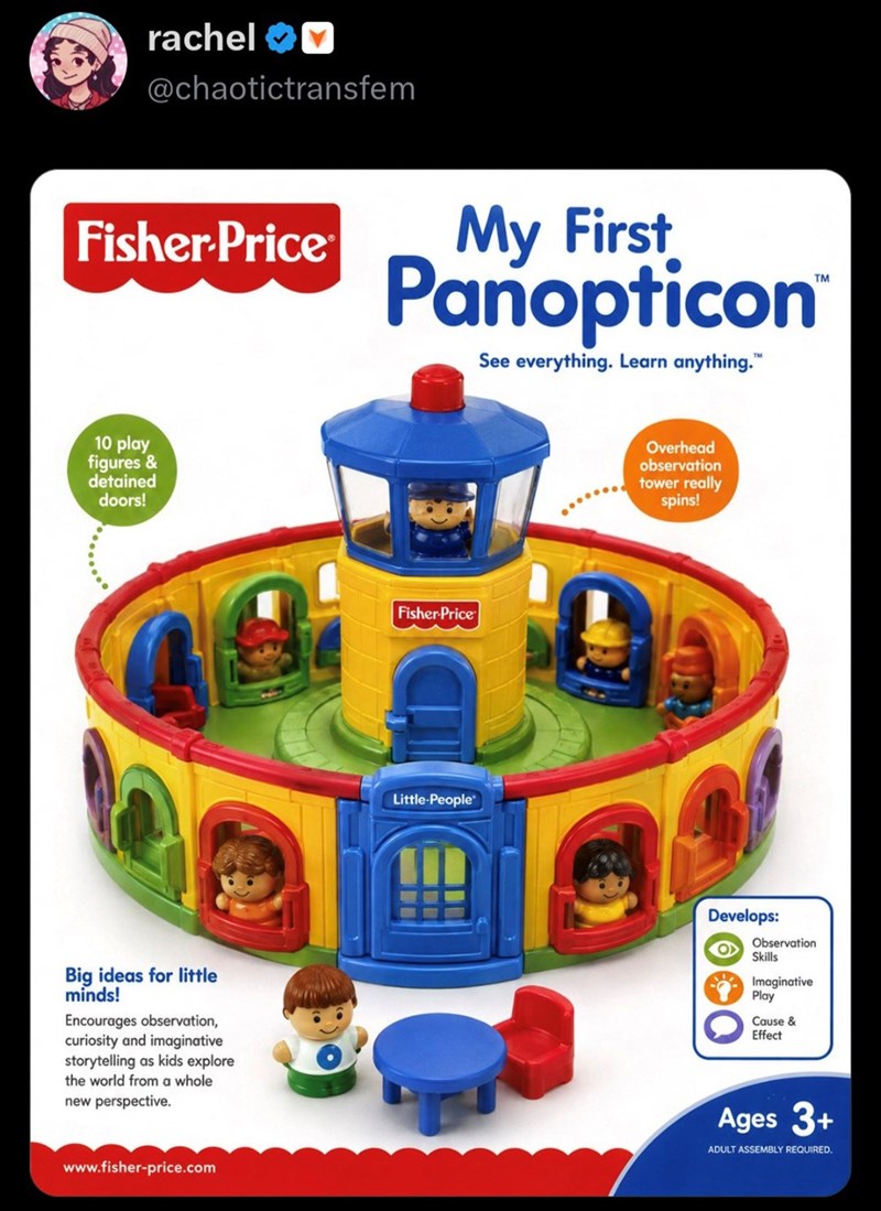 rachel @chaotictransfem Fisher-Price® My First Panopticon See everything. Learn anything.™ TM 10 play figures & detained doors! Big ideas for little minds! Encourages observation, curiosity and imaginative storytelling as kids explore the world from a whole new perspective. www.fisher-price.com Fisher-Price Little-People Overhead observation tower really spins! Develops: O Observation Skills Imaginative Play Cause & Effect Ages 3+ ADULT ASSEMBLY REQUIRED.