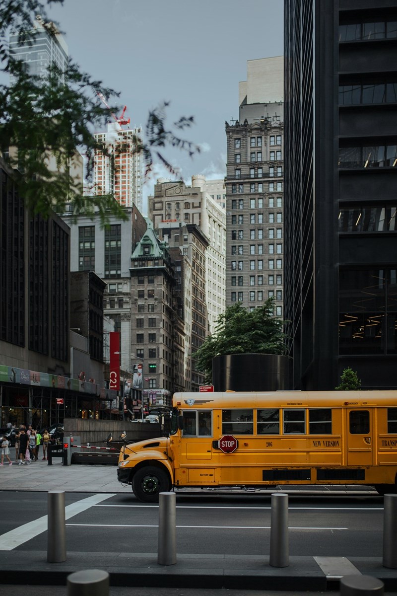 A school bus transports NYC students to school, sometime after Labor Day.