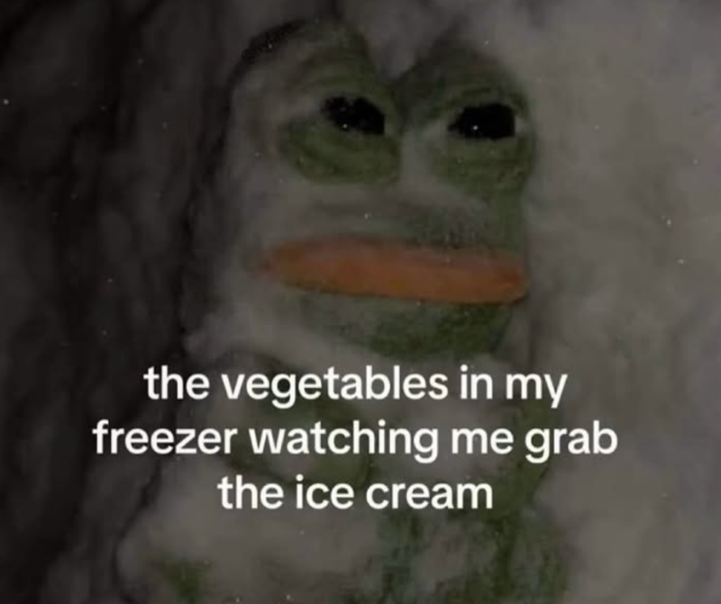 the vegetables in my freezer watching me grab the ice cream