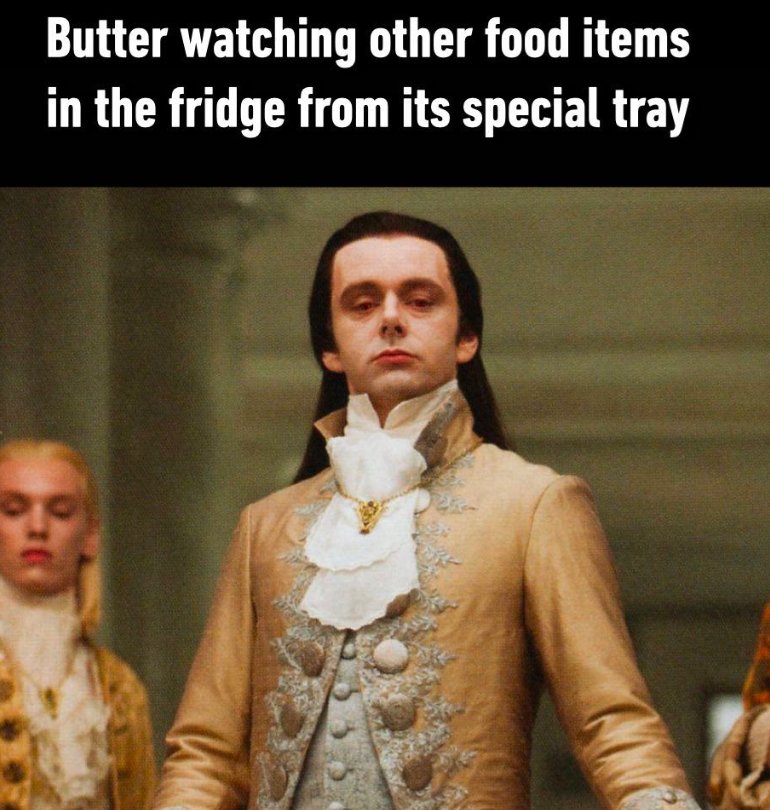 Butter watching other food items in the fridge from its special tray W